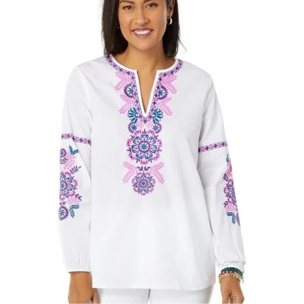 Lilly Pulitzer Coretta Tunic Embroidered White and Pink Women's Top